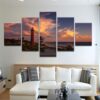 Red Lighthouse On Sandy Beach At Sunset - Nature 5 Panel Canvas Art Wall Decor