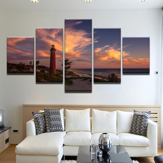 Red Lighthouse On Sandy Beach At Sunset - Nature 5 Panel Canvas Art Wall Decor Red Lighthouse On Sandy Beach At Sunset - Nature 5 Panel Canvas Art Wall Decor