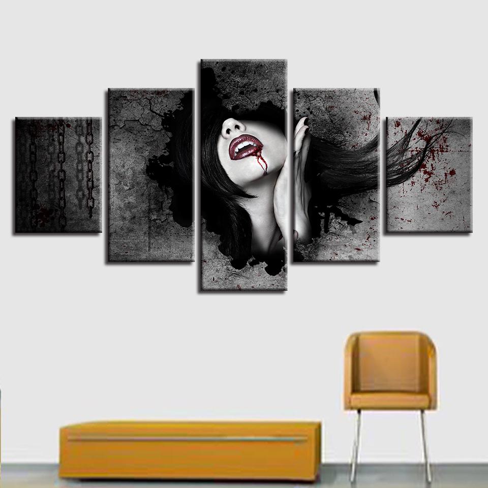 Red Lips Woman - Abstarct 5 Panel Canvas Art Wall Decor Red Lips Woman - Abstarct 5 Panel Canvas Art Wall Decor