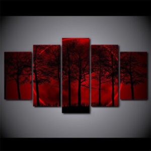 Red Moon Sky Dark Forest - Nature 5 Panel Canvas Art Wall Decor
