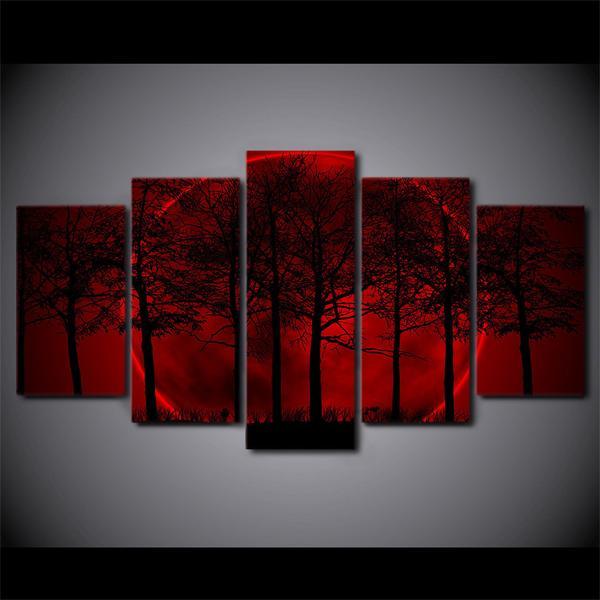 Red Moon Sky Dark Forest - Nature 5 Panel Canvas Art Wall Decor Red Moon Sky Dark Forest - Nature 5 Panel Canvas Art Wall Decor