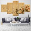 Red Plum Blossom Flowers - Nature 5 Panel Canvas Art Wall Decor