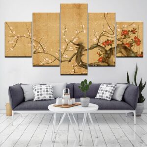 Red Plum Blossom Flowers - Nature 5 Panel Canvas Art Wall Decor