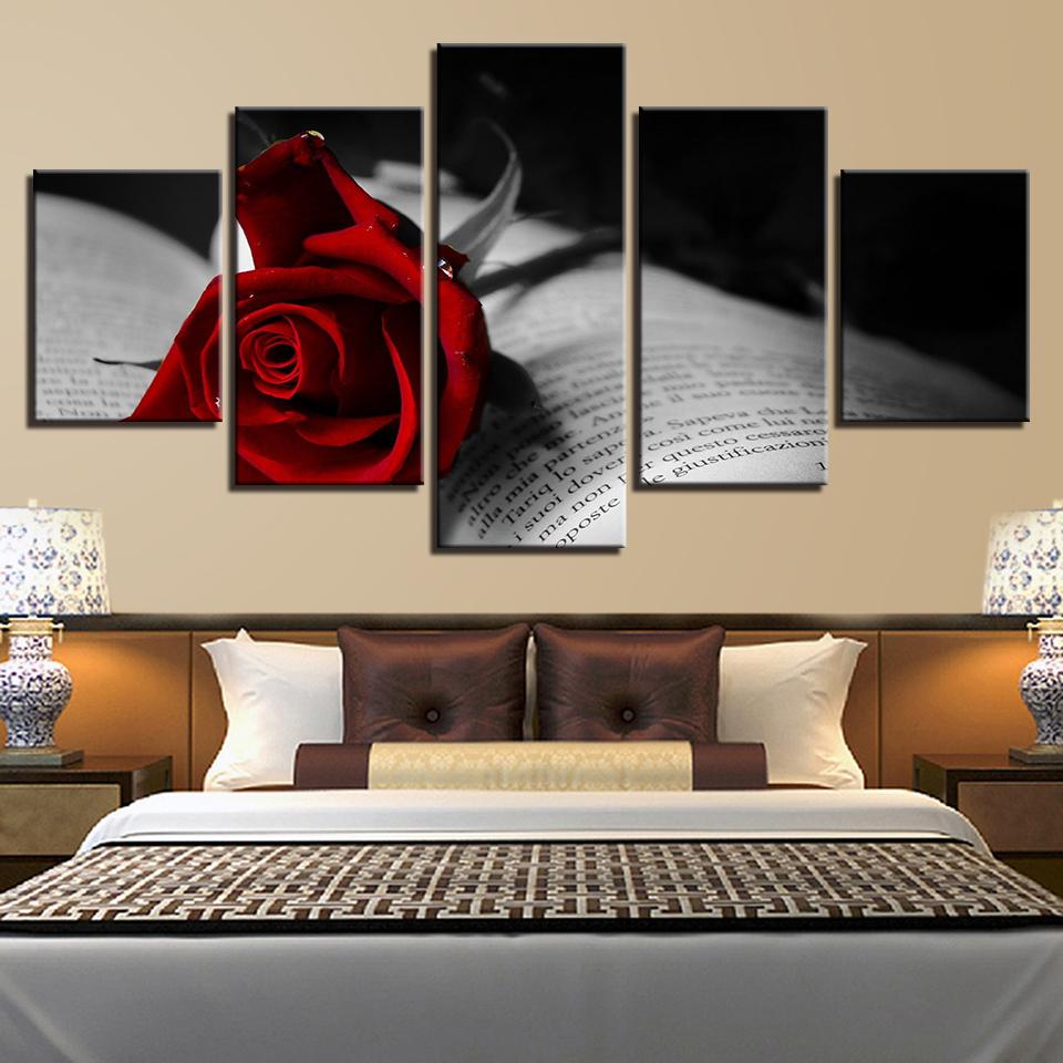 Red Rose Flower And Book - Nature 5 Panel Canvas Art Wall Decor Red Rose Flower And Book - Nature 5 Panel Canvas Art Wall Decor
