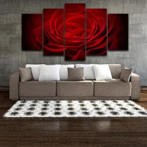 Red Rose Flowers Black Background - Nature 5 Panel Canvas Art Wall Decor