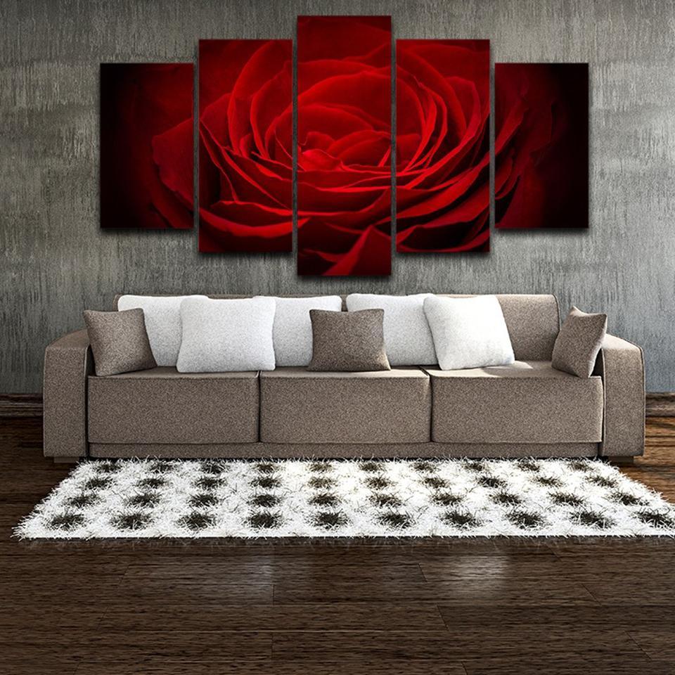Red Rose Flowers Black Background - Nature 5 Panel Canvas Art Wall Decor Red Rose Flowers Black Background - Nature 5 Panel Canvas Art Wall Decor