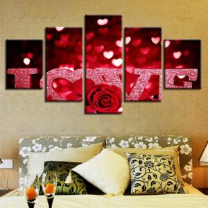 Red Rose Flowers Heart-Shaped Love Letters - Abstract 5 Panel Canvas Art Wall Decor