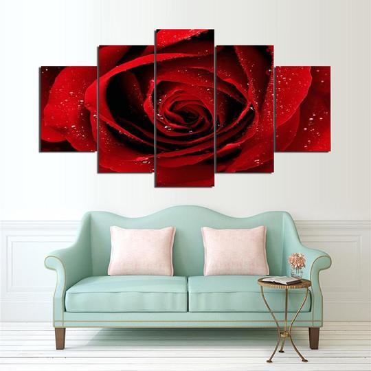 Red Rose With Dew Drops - Nature 5 Panel Canvas Art Wall Decor Red Rose With Dew Drops - Nature 5 Panel Canvas Art Wall Decor