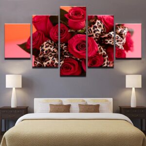 Red Roses Bouquet - Nature 5 Panel Canvas Art Wall Decor
