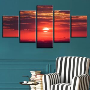 Red Sky Sun - Nature 5 Panel Canvas Art Wall Decor