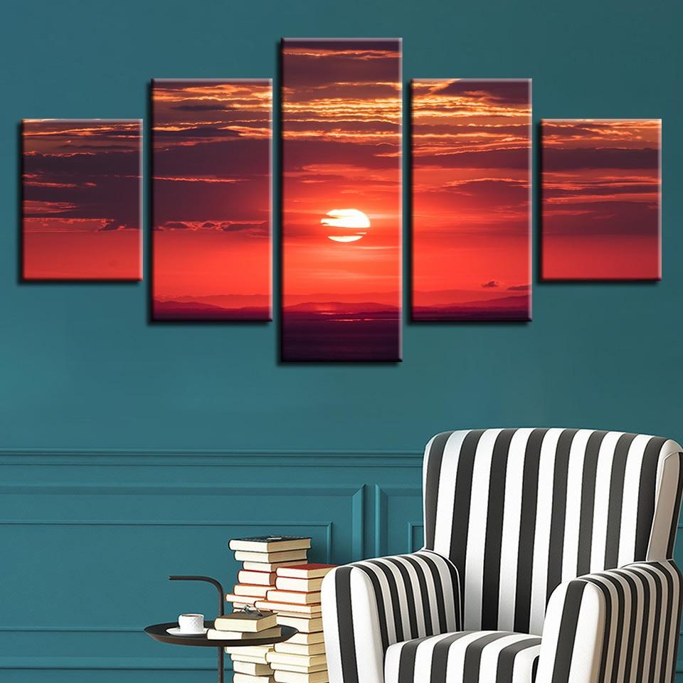 Red Sky Sun - Nature 5 Panel Canvas Art Wall Decor Red Sky Sun - Nature 5 Panel Canvas Art Wall Decor