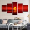 Red Sunset Seascape - Nature 5 Panel Canvas Art Wall Decor