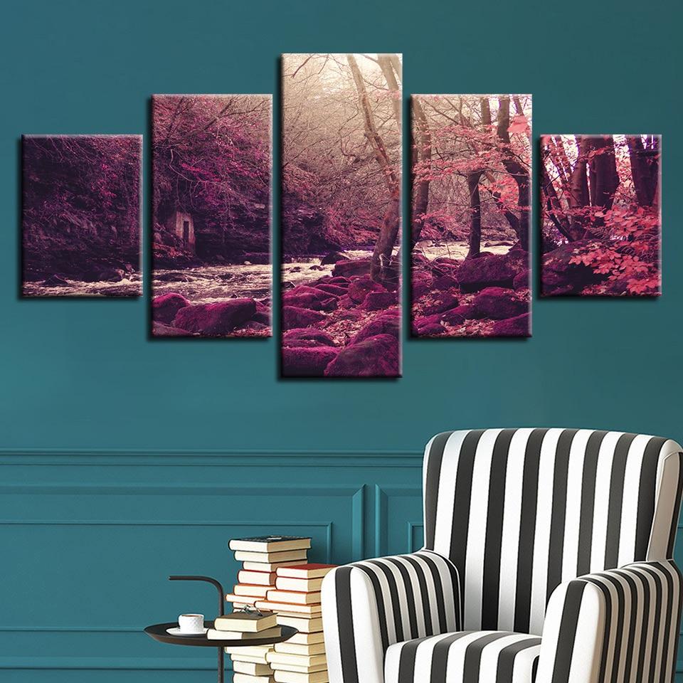 Red Tree And River - Nature 5 Panel Canvas Art Wall Decor Red Tree And River - Nature 5 Panel Canvas Art Wall Decor