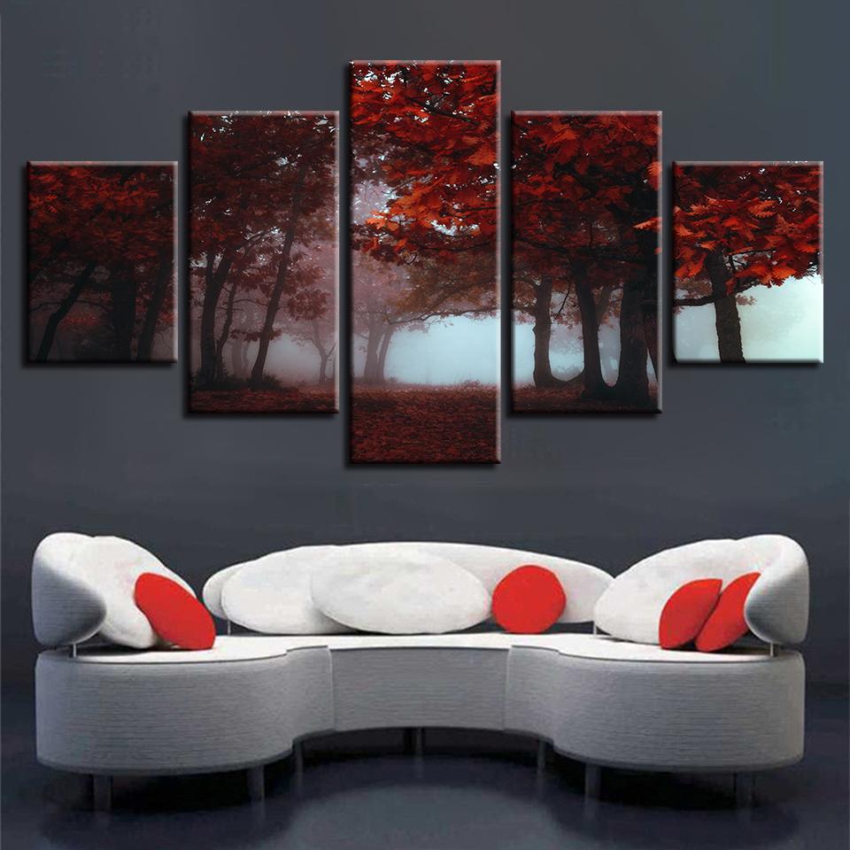 Red Tree Forest 01 - Nature 5 Panel Canvas Art Wall Decor Red Tree Forest 01 - Nature 5 Panel Canvas Art Wall Decor