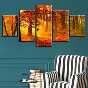 Red Tree Forest Sunshine - Nature 5 Panel Canvas Art Wall Decor