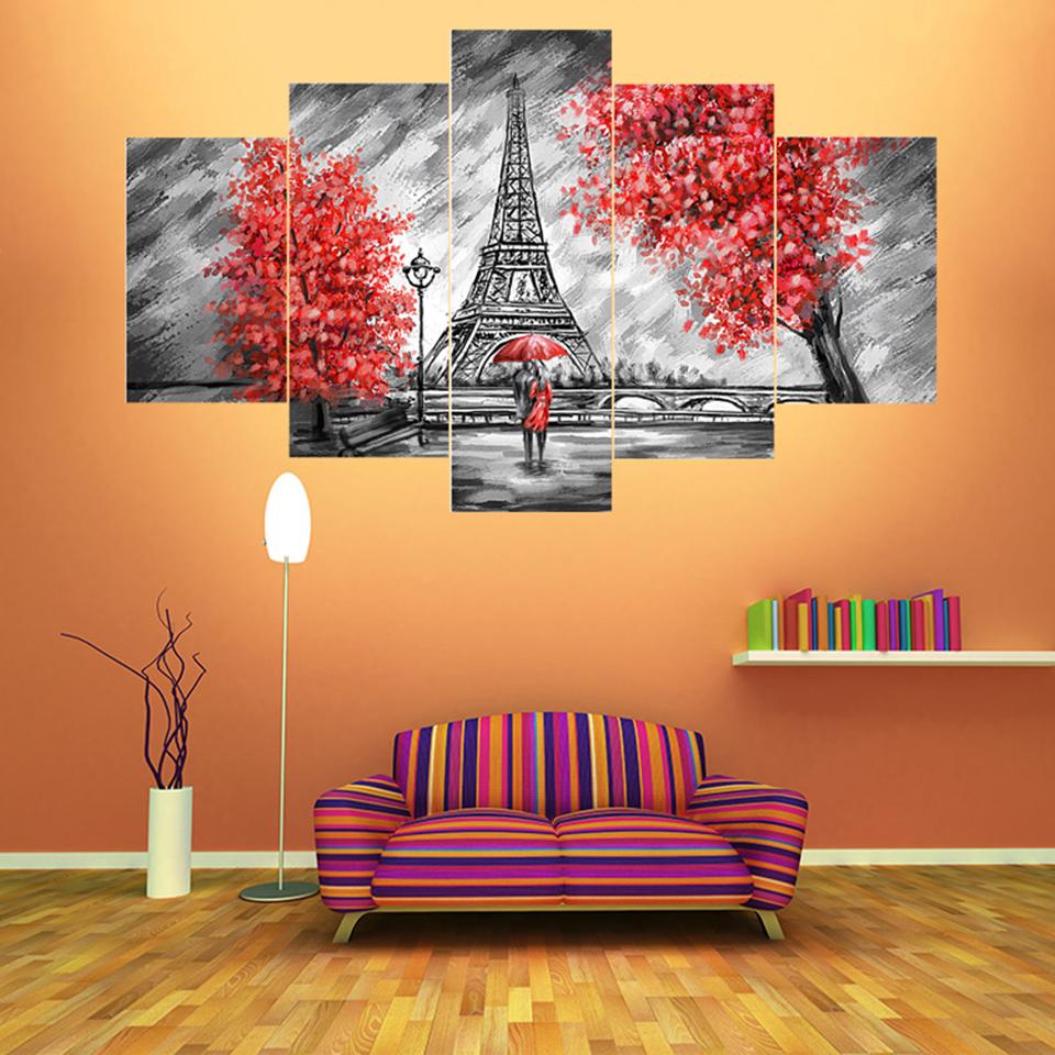 Red Tree Landscape - Abstract Nature 5 Panel Canvas Art Wall Decor Red Tree Landscape - Abstract Nature 5 Panel Canvas Art Wall Decor
