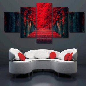Red Tree Lane - Nature 5 Panel Canvas Art Wall Decor
