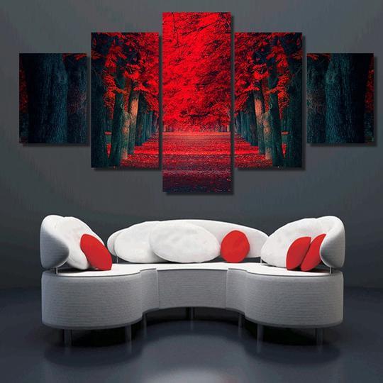 Red Tree Lane - Nature 5 Panel Canvas Art Wall Decor Red Tree Lane - Nature 5 Panel Canvas Art Wall Decor
