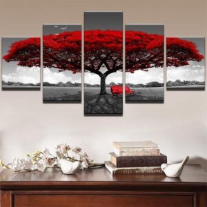 Red Tree On Black And White Field - Nature 5 Panel Canvas Art Wall Decor