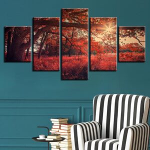 Red Tree Sunshine - Nature 5 Panel Canvas Art Wall Decor