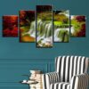 Red Tree Waterfall Natural - Nature 5 Panel Canvas Art Wall Decor