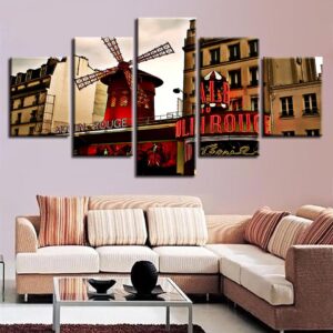 Red Windmill And Building Scenery - Nature 5 Panel Canvas Art Wall Decor