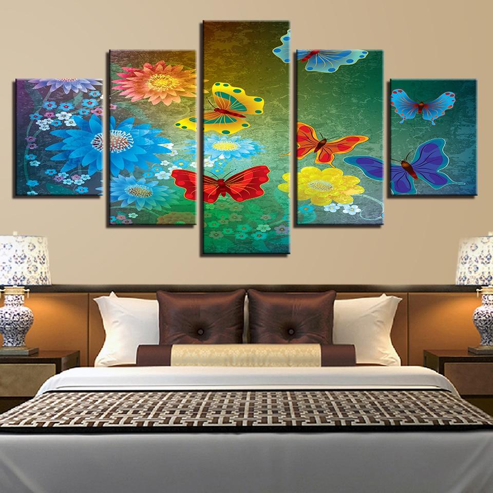 Red Yellower Blue Butterfly And Flower - Nature 5 Panel Canvas Art Wall Decor Red Yellower Blue Butterfly And Flower - Nature 5 Panel Canvas Art Wall Decor