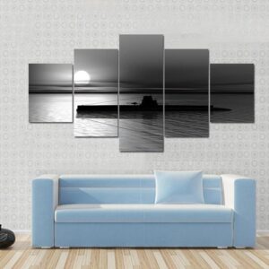 Render Submarine At Sunset On The Sea - Automative 5 Panel Canvas Art Wall Decor