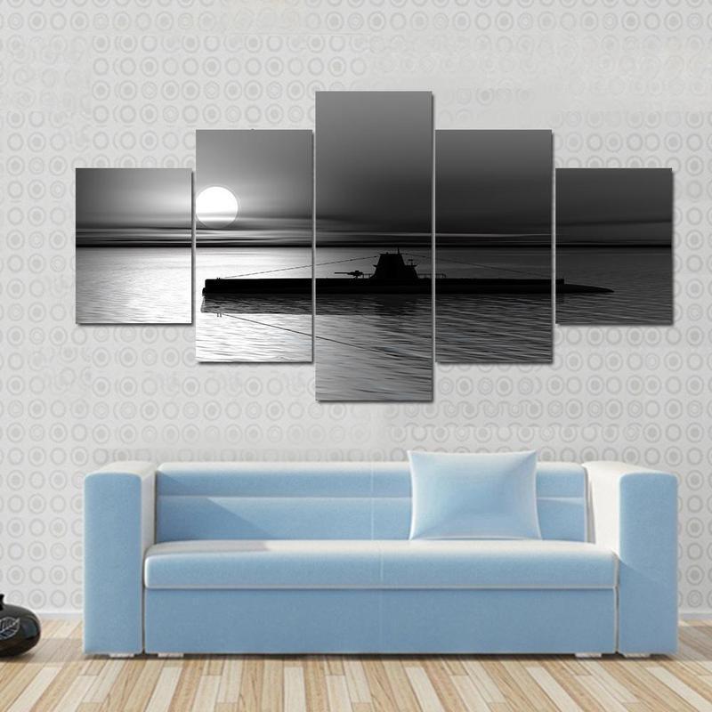 Render Submarine At Sunset On The Sea - Automative 5 Panel Canvas Art Wall Decor Render Submarine At Sunset On The Sea - Automative 5 Panel Canvas Art Wall Decor