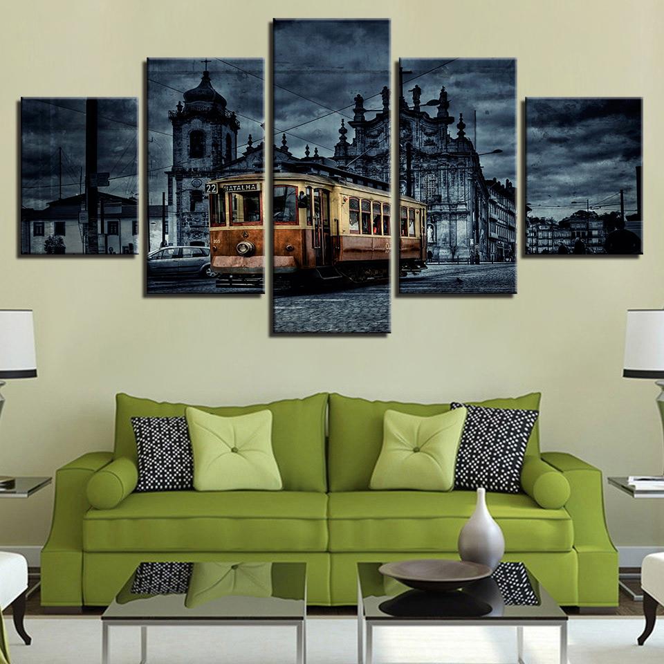 Retro European City Building Tram - Nature 5 Panel Canvas Art Wall Decor Retro European City Building Tram - Nature 5 Panel Canvas Art Wall Decor