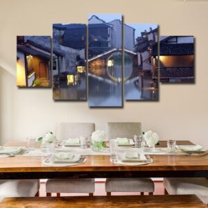 Retro House And Bridge 02 - Nature 5 Panel Canvas Art Wall Decor
