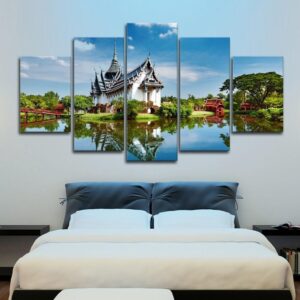 Retro House And Bridge Green Trees - Nature 5 Panel Canvas Art Wall Decor