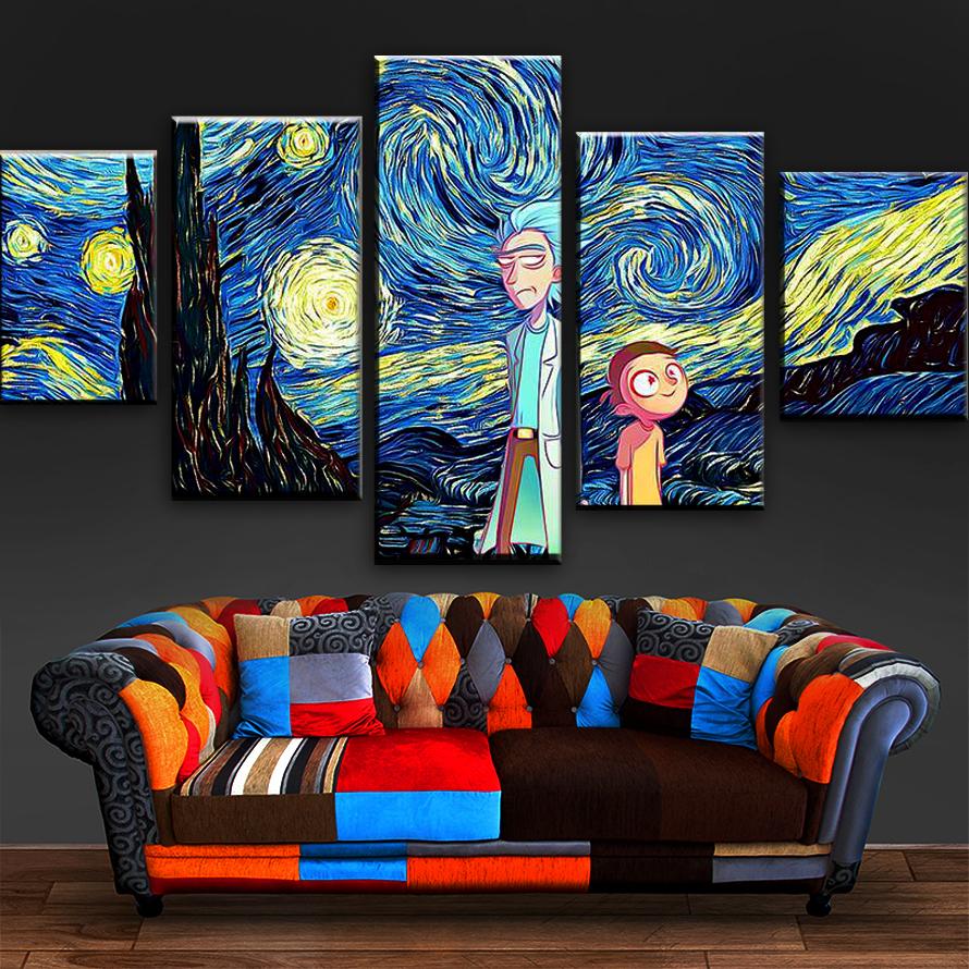 Rick And Morty Starry Sky - Cartoon 5 Panel Canvas Art Wall Decor Rick And Morty Starry Sky - Cartoon 5 Panel Canvas Art Wall Decor