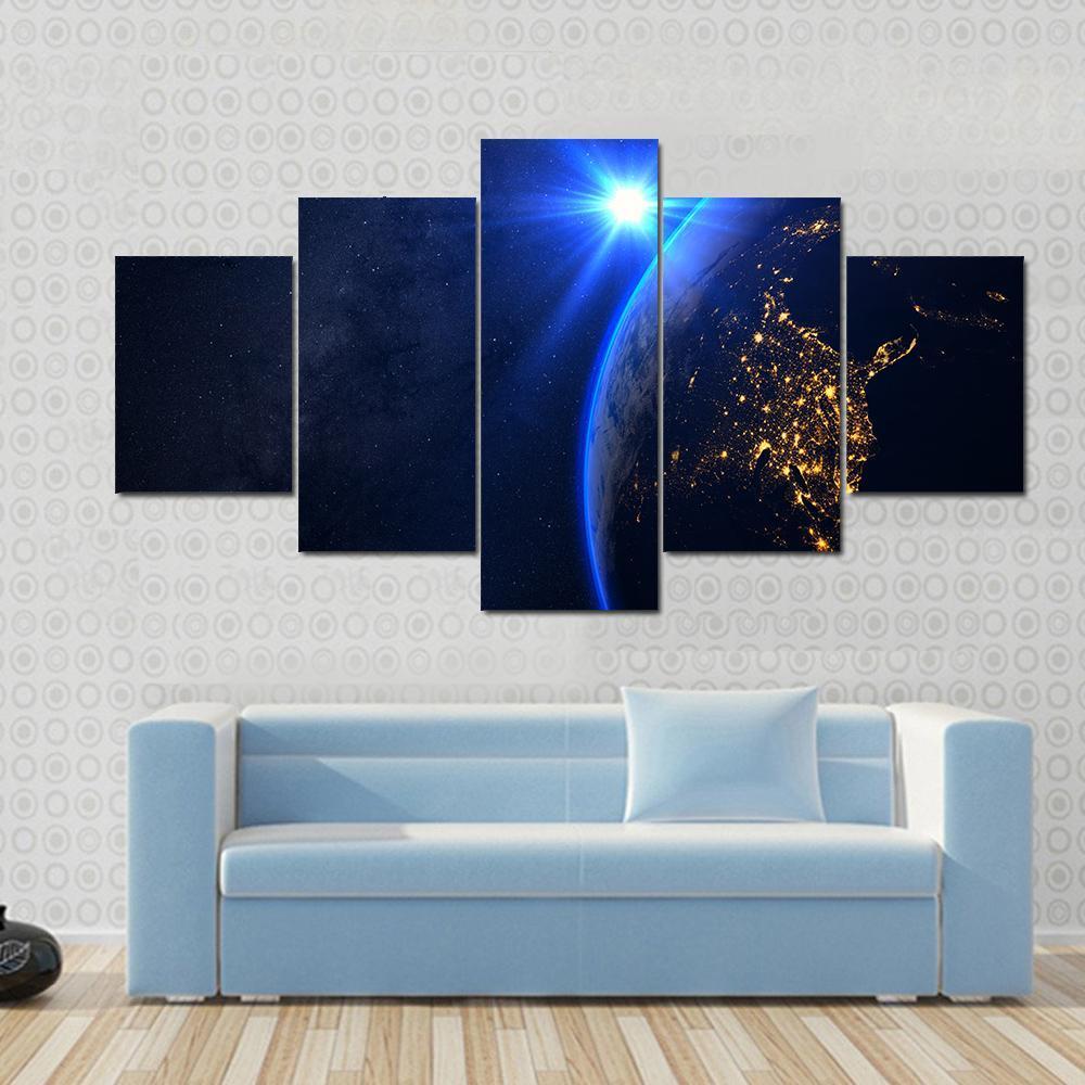 Rising Blue Sun On Planet Earth - Space 5 Panel Canvas Art Wall Decor Rising Blue Sun On Planet Earth - Space 5 Panel Canvas Art Wall Decor
