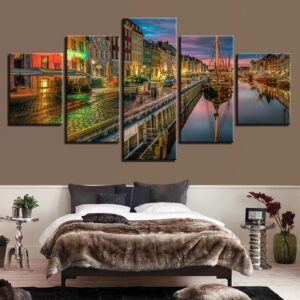 River And Building Ship - Nature 5 Panel Canvas Art Wall Decor