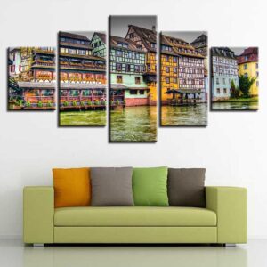River And Retro House Buildings - Nature 5 Panel Canvas Art Wall Decor