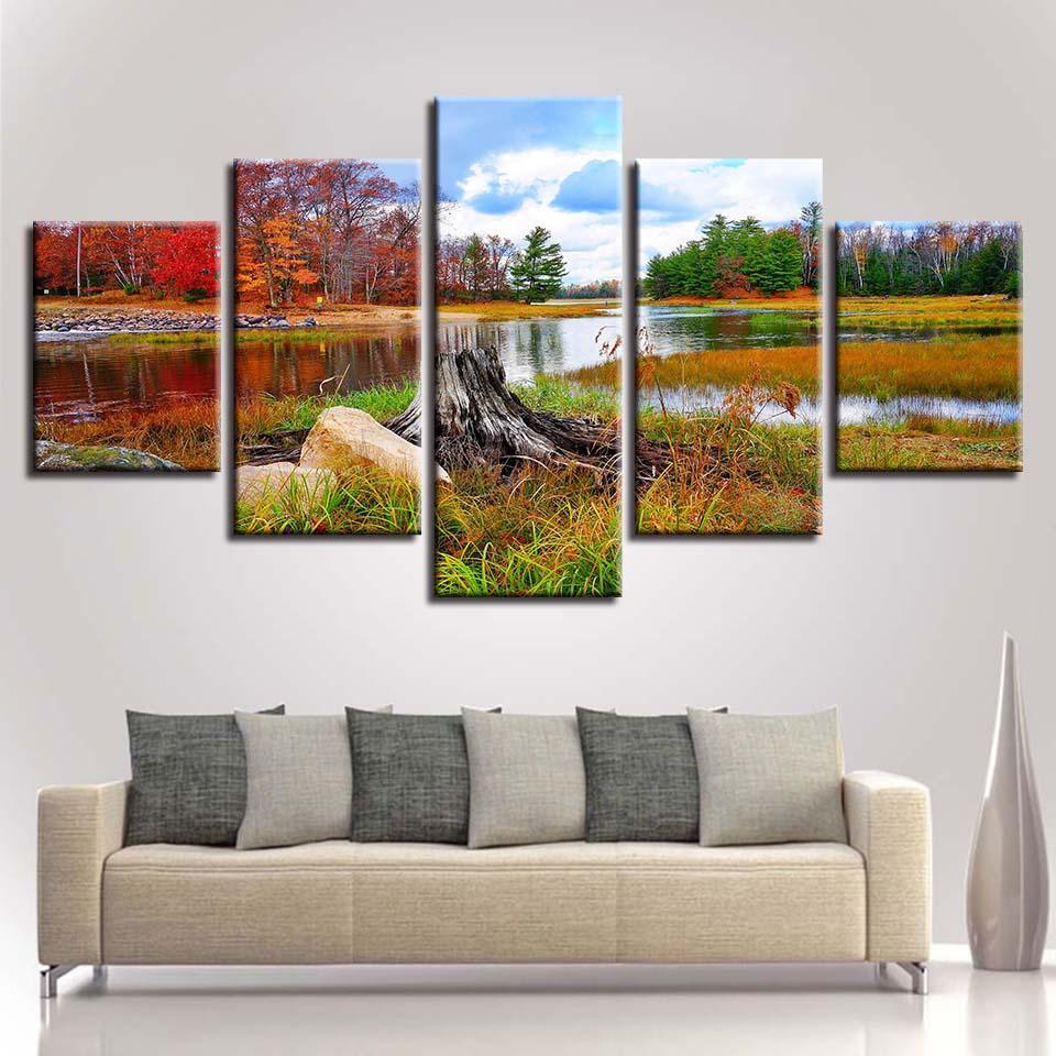 River Red And Green Forest - Nature 5 Panel Canvas Art Wall Decor River Red And Green Forest - Nature 5 Panel Canvas Art Wall Decor