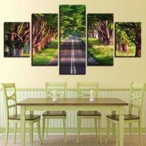 Road Through Tree Tunnel - Nature 5 Panel Canvas Art Wall Decor