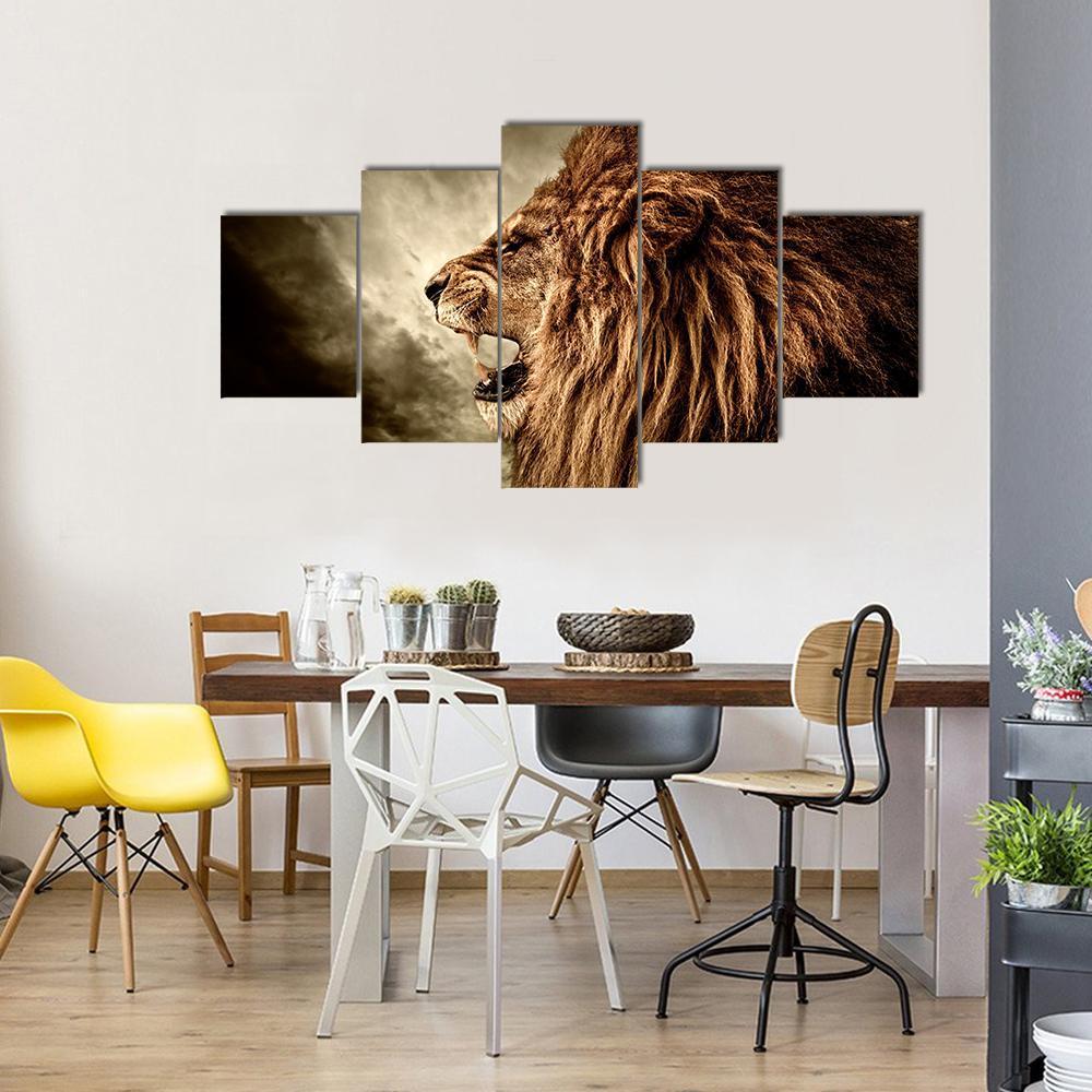 Roaring Lion Against Stormy Sky - Animal 5 Panel Canvas Art Wall Decor Roaring Lion Against Stormy Sky - Animal 5 Panel Canvas Art Wall Decor