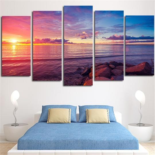 Rocky Beach Sunset - Ocean 5 Panel Canvas Art Wall Decor Rocky Beach Sunset - Ocean 5 Panel Canvas Art Wall Decor