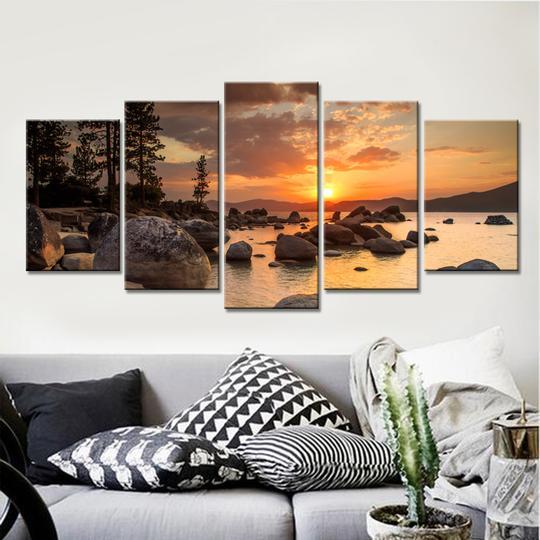 Rocky Lakefront - Nature 5 Panel Canvas Art Wall Decor Rocky Lakefront - Nature 5 Panel Canvas Art Wall Decor