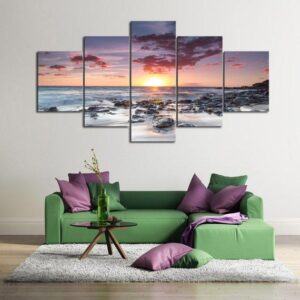Rocky Shore Sunset - Nature 5 Panel Canvas Art Wall Decor