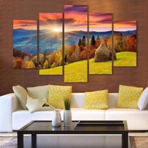 Rolling Hills Sunrise - Nature 5 Panel Canvas Art Wall Decor