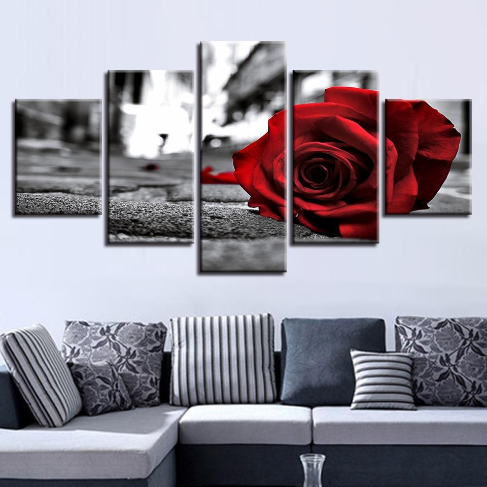 Romantic Red Rose Flowers - Nature 5 Panel Canvas Art Wall Decor Romantic Red Rose Flowers - Nature 5 Panel Canvas Art Wall Decor