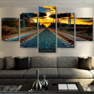 Rope The Train Under The Sunset - Nature 5 Panel Canvas Art Wall Decor