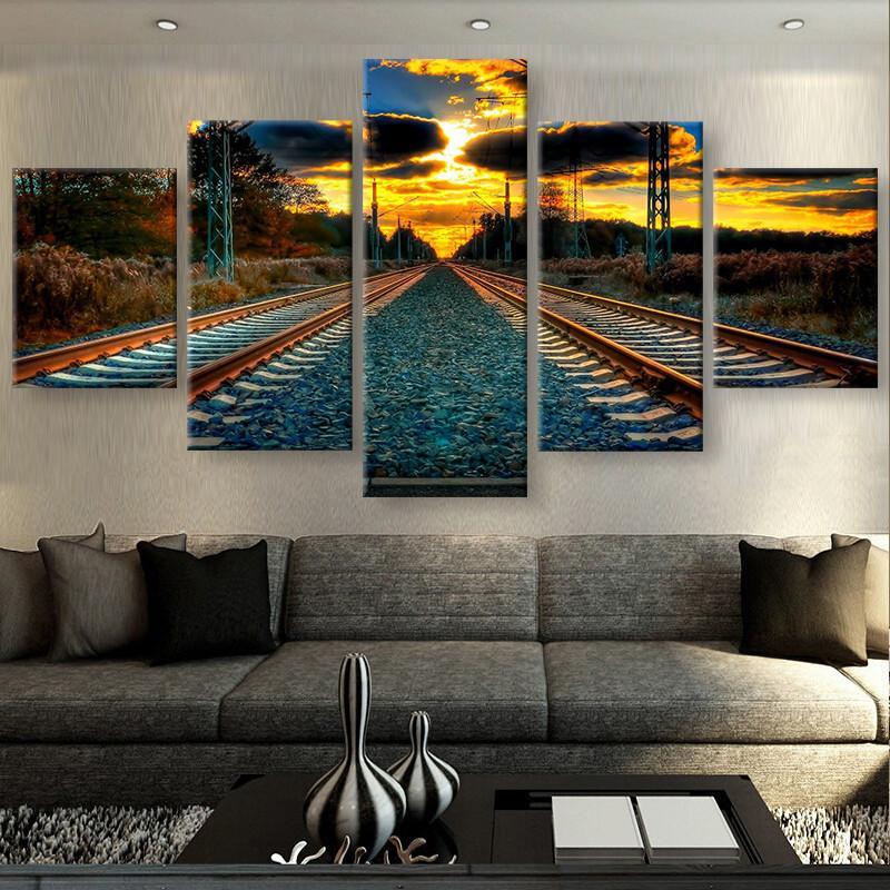 Rope The Train Under The Sunset - Nature 5 Panel Canvas Art Wall Decor Rope The Train Under The Sunset - Nature 5 Panel Canvas Art Wall Decor