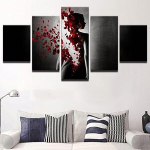 Rose Petal Girl Silhouette - Abstract 5 Panel Canvas Art Wall Decor
