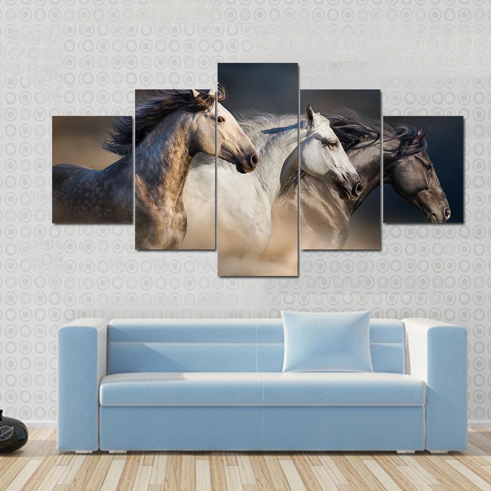 Running Horses In Desert Dust - Animal 5 Panel Canvas Art Wall Decor Running Horses In Desert Dust - Animal 5 Panel Canvas Art Wall Decor
