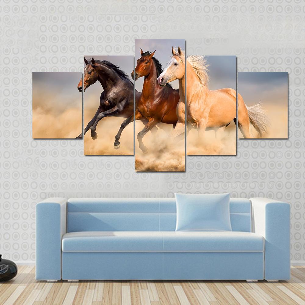 Running Horses In Desert - Animal 5 Panel Canvas Art Wall Decor Running Horses In Desert - Animal 5 Panel Canvas Art Wall Decor