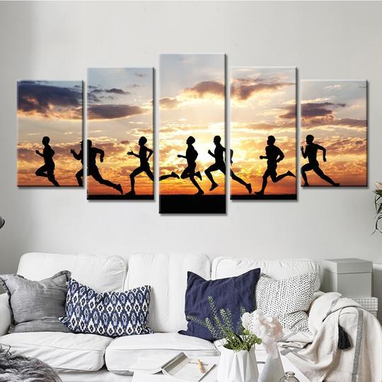 Running Jogging At Sunrise - Sport 5 Panel Canvas Art Wall Decor Running Jogging At Sunrise - Sport 5 Panel Canvas Art Wall Decor